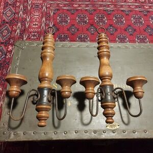 Vintage Pair Wood Metal Wall Sconce Candle Holders Double Arm Spindle 18x10x5.5